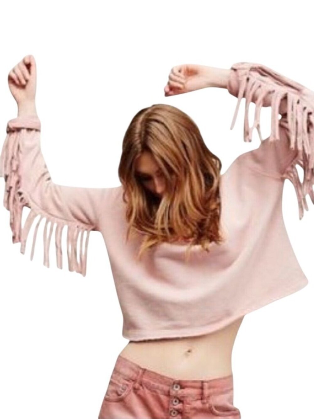 Free People Dusty Pink Fringe V Neck Sweater Sweatshirt Oversized Size S